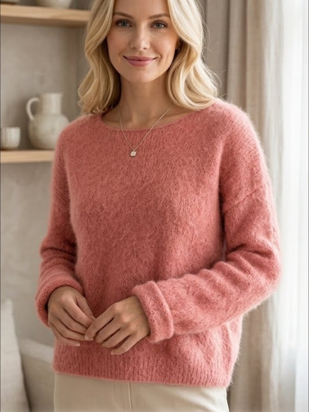 Unbranded 100% Mohair Pink Knit Slouchy Fuzzy Crewneck  Pullover Sweater Size XL